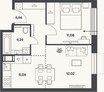 Планировка: 2-к, 42,1 м²