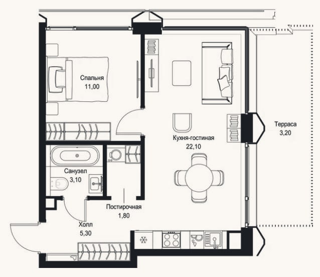 Планировка: 2-к, 43,3 м²