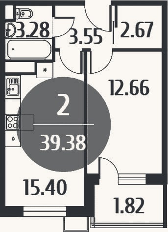 Планировка: 2-к, 37,6 м²