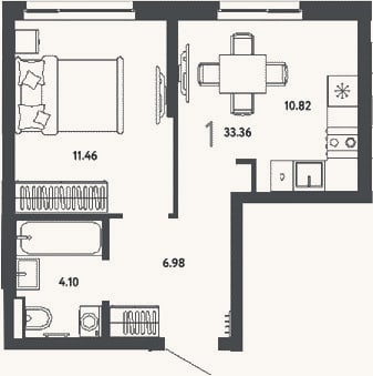 Планировка: 1-к, 33,4 м²