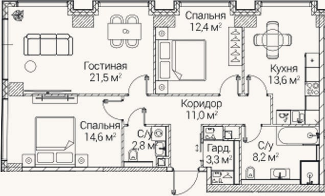 Планировка: 3-к, 87,4 м²