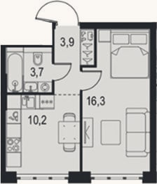 Планировка: 1-к, 34,1 м²