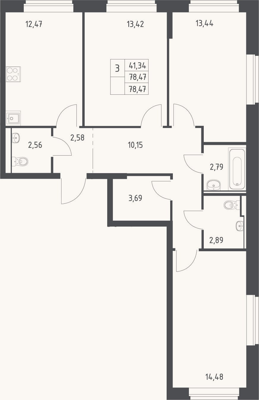 Планировка: 3-к, 78,5 м²