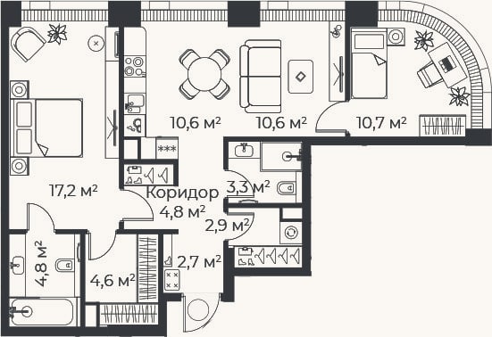 Планировка: 3-к, 72,2 м²