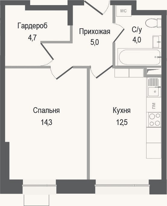 Планировка: 1-к, 40,5 м²