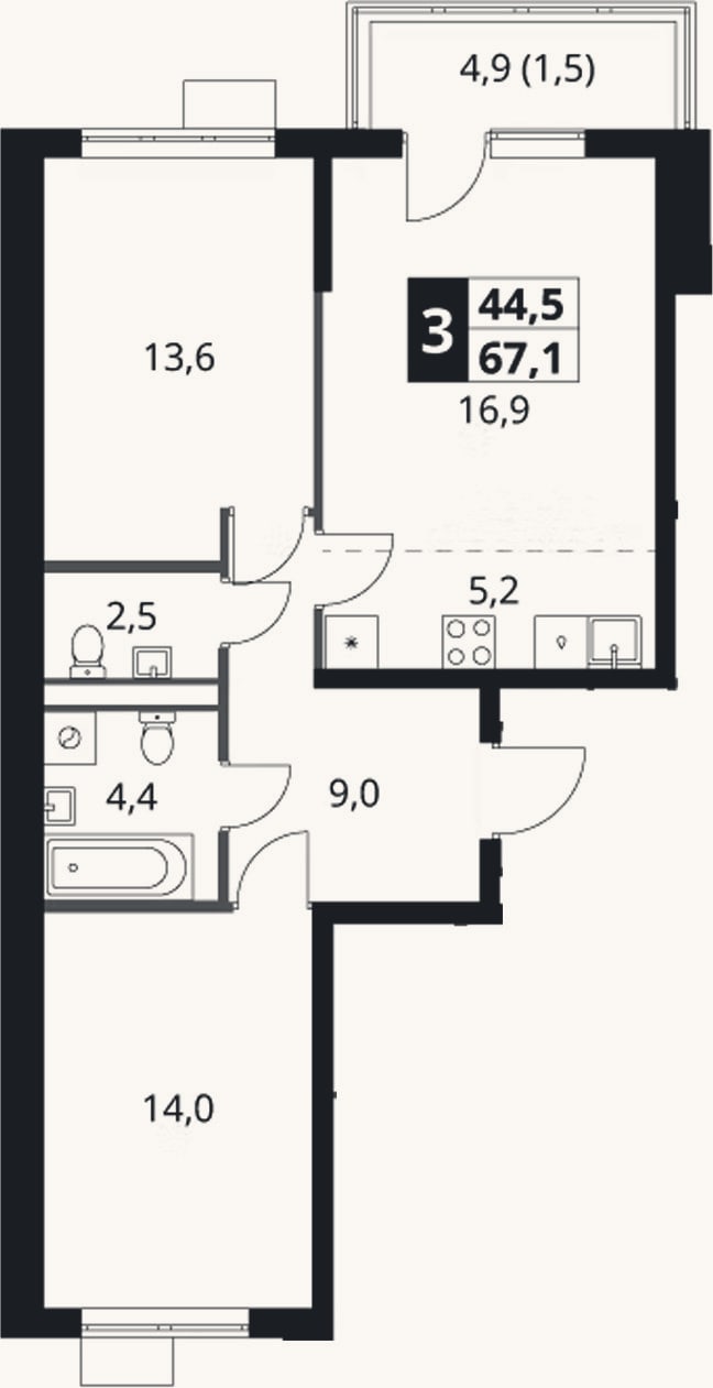 Планировка: 3-к, 65,6 м²