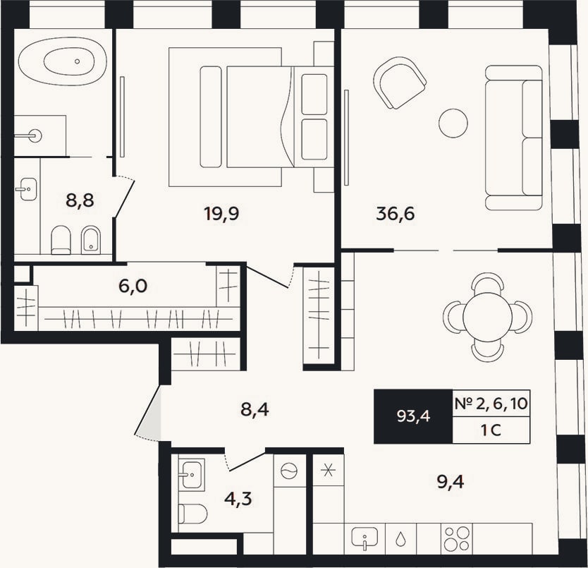 Планировка: 2-к, 93,4 м²