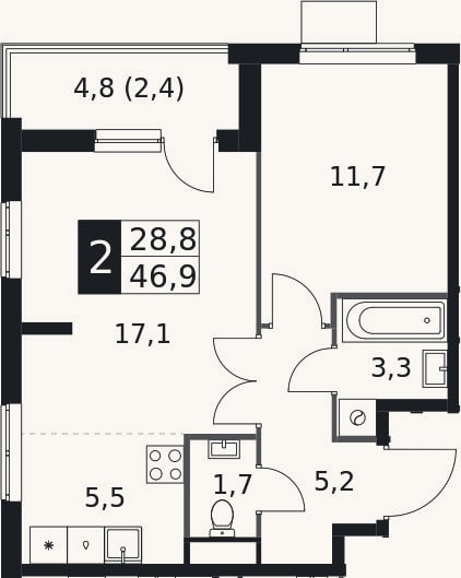 Планировка: 2-к, 44,5 м²