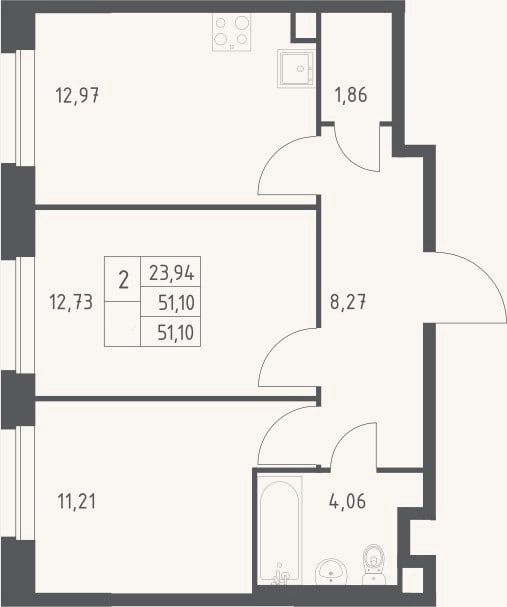 Планировка: 2-к, 51,1 м²