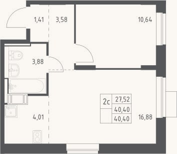 Планировка: 2-к, 40,4 м²