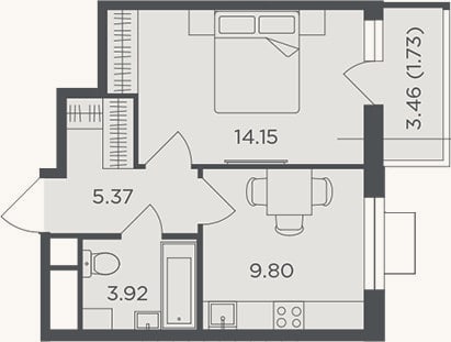 Планировка: 1-к, 33,2 м²
