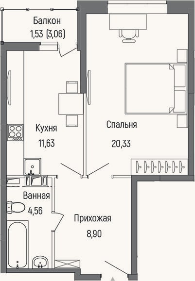Планировка: 1-к, 45,4 м²