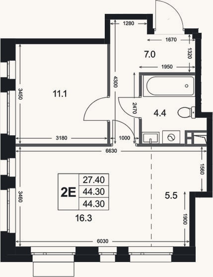 Планировка: 2-к, 44,3 м²