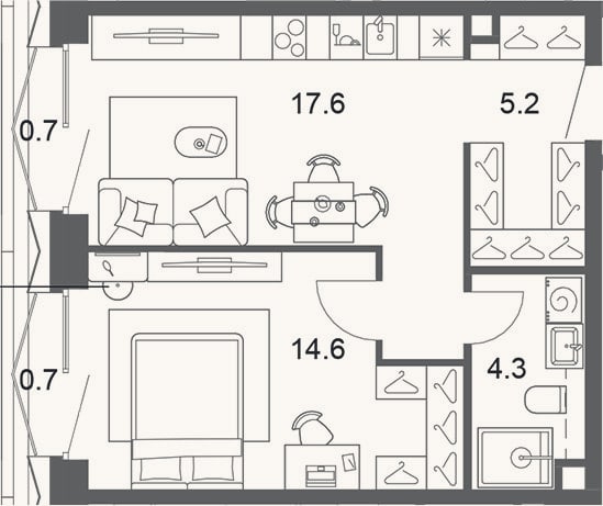 Планировка: 2-к, 40,8 м²