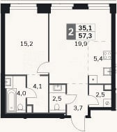 Планировка: 2-к, 57,3 м²