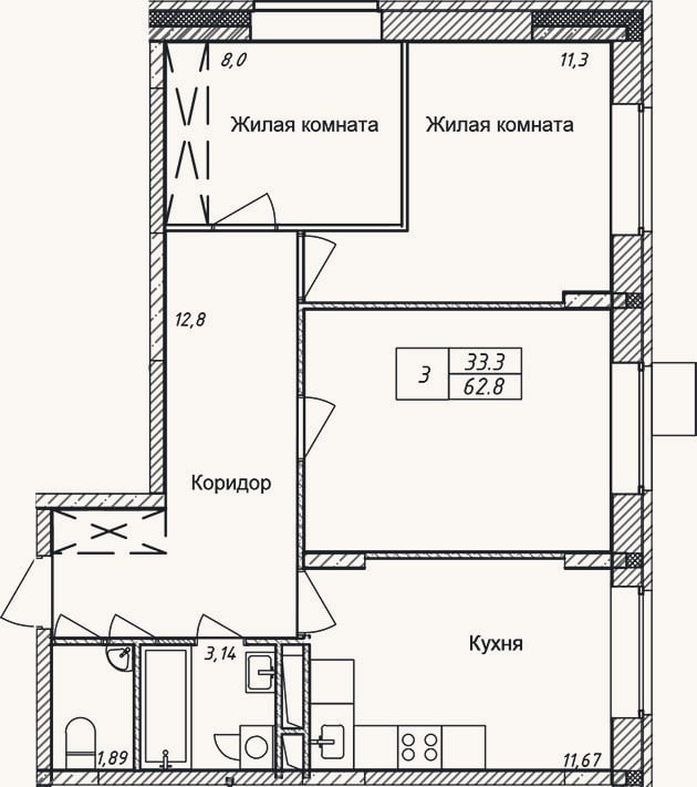 Планировка: 3-к, 62,8 м²