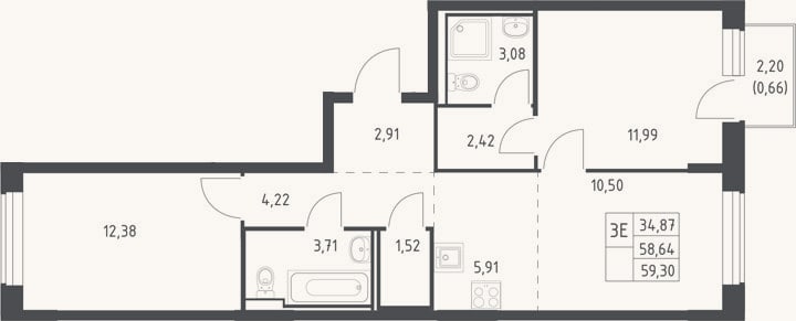 Планировка: 3-к, 58,6 м²