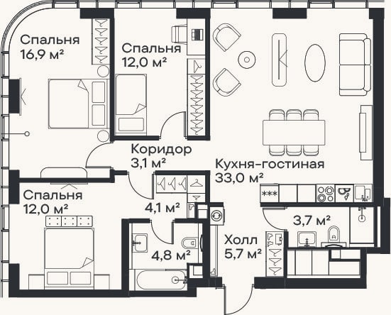 Планировка: 4+ к, 95,3 м²