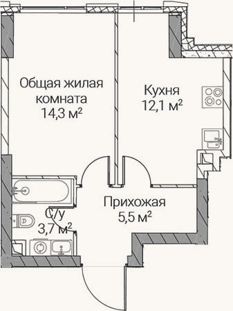 Планировка: 1-к, 35,6 м²