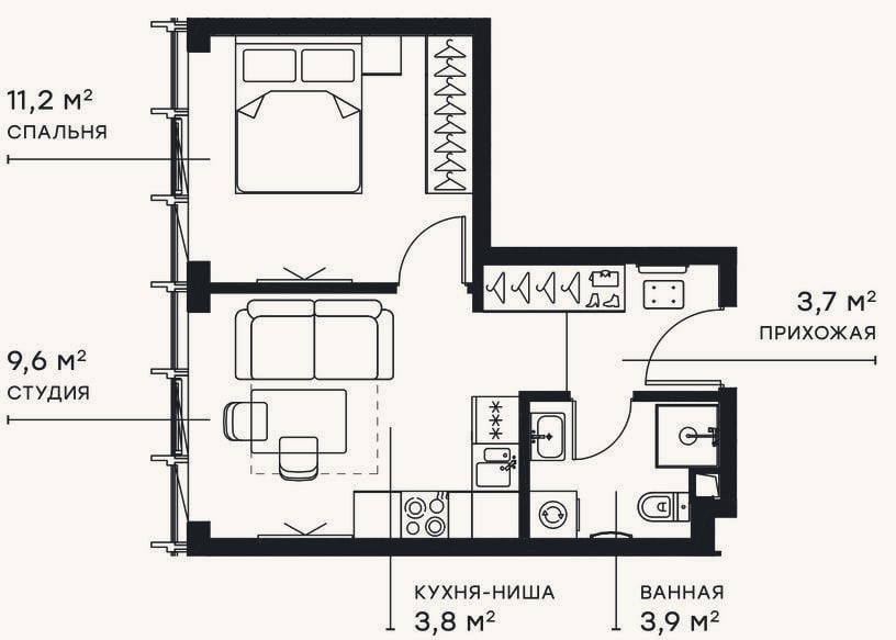 Планировка: 2-к, 32,2 м²