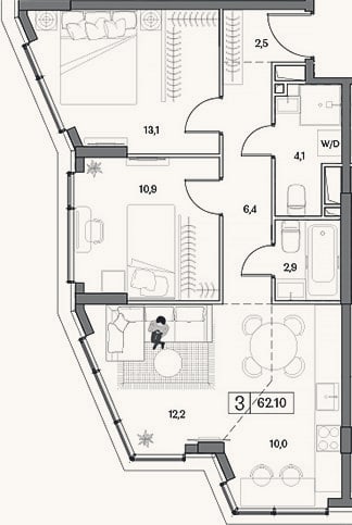 Планировка: 3-к, 62,1 м²