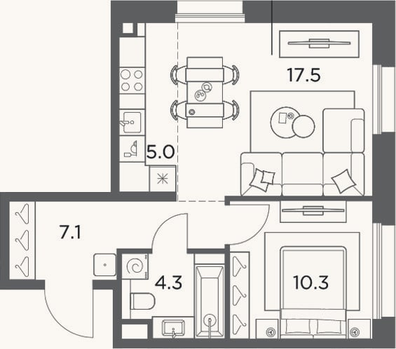 Планировка: 2-к, 44,2 м²