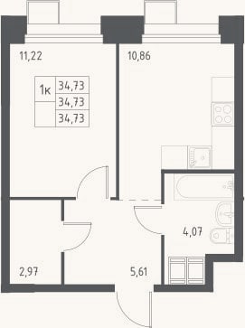 Планировка: 1-к, 34,7 м²