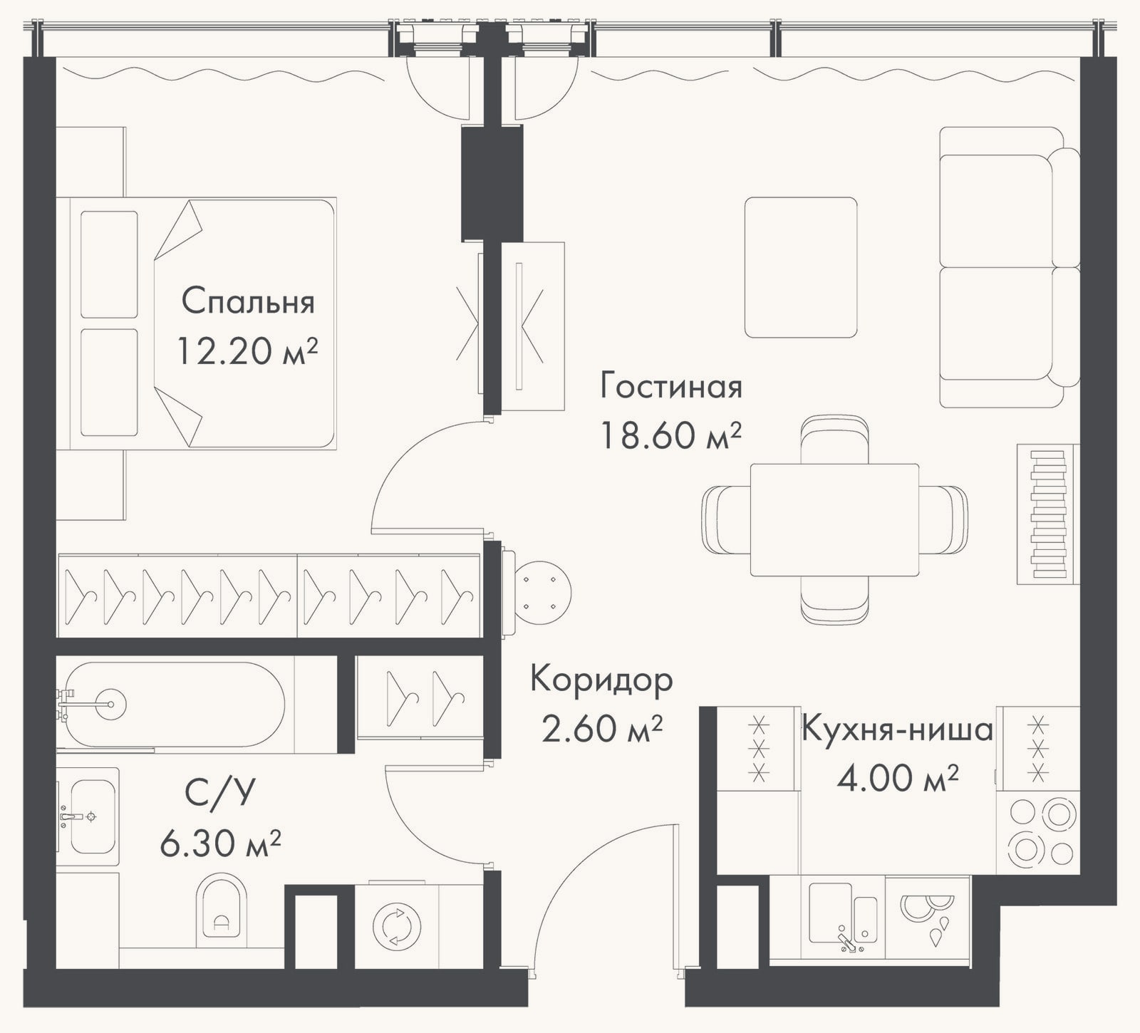 Планировка: 2-к, 43,7 м²