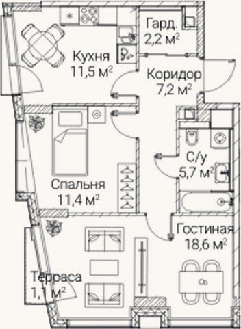 Планировка: 2-к, 56,6 м²