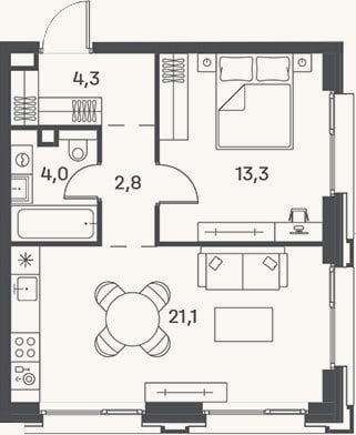 Планировка: 2-к, 45,5 м²