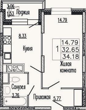 Планировка: 1-к, 34,1 м²