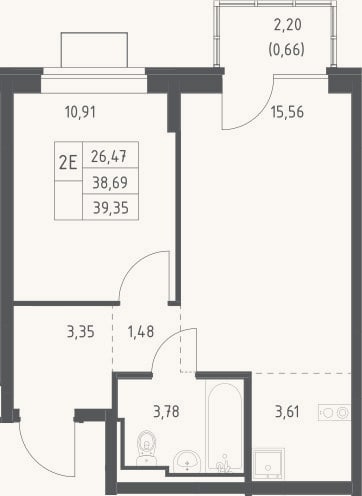 Планировка: 2-к, 38,7 м²