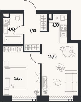 Планировка: 2-к, 44,3 м²