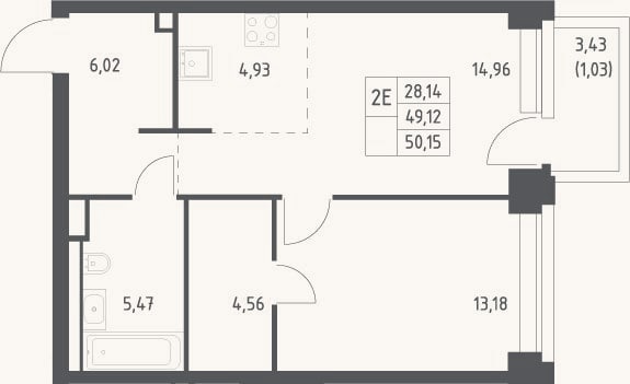 Планировка: 2-к, 49,1 м²