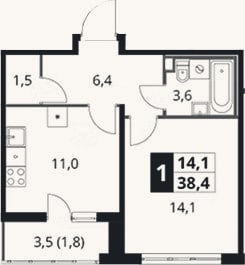 Планировка: 1-к, 36,6 м²