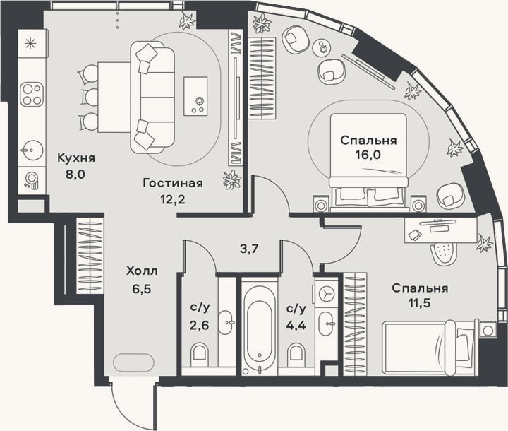 Планировка: 3-к, 64,9 м²