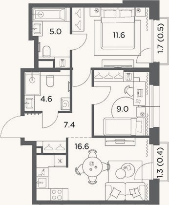 Планировка: 3-к, 54,2 м²