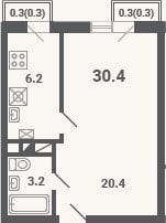 Планировка: 1-к, 29,8 м²