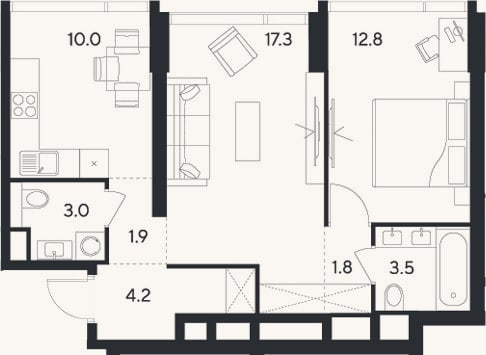 Планировка: 2-к, 54,5 м²
