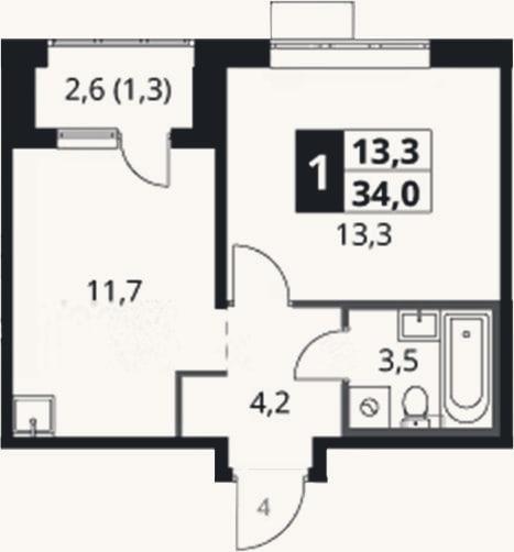 Планировка: 1-к, 32,7 м²