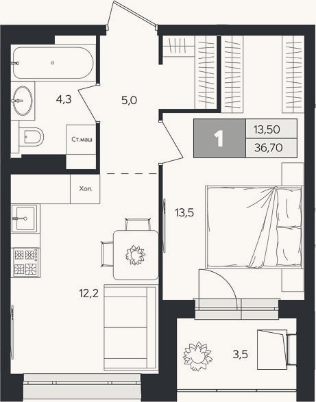 Планировка: 1-к, 35 м²