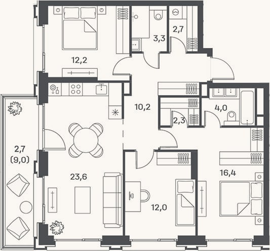 Планировка: 4+ к, 86,7 м²