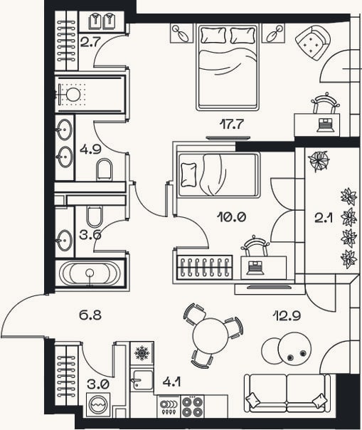 Планировка: 3-к, 65,1 м²