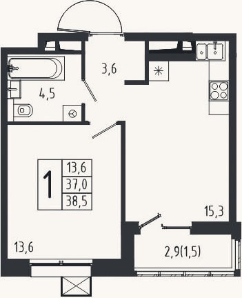 Планировка: 1-к, 37 м²