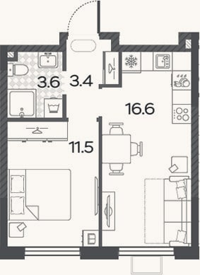 Планировка: 2-к, 34,1 м²