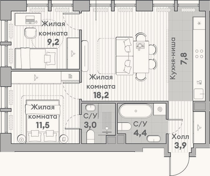 Планировка: 3-к, 58 м²