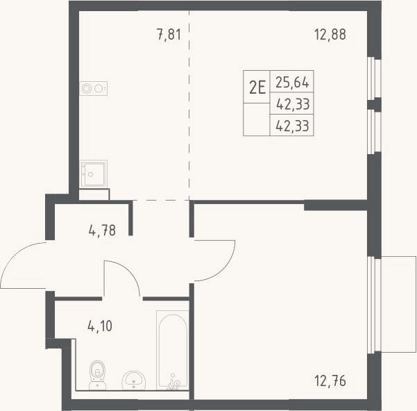 Планировка: 2-к, 42,3 м²