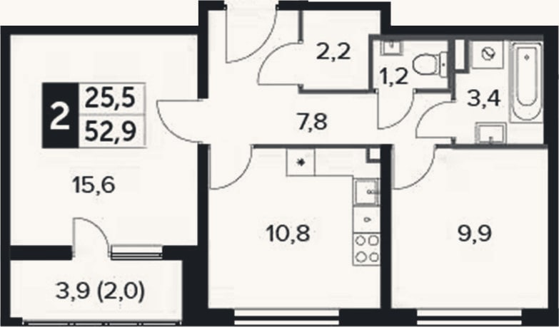 Планировка: 2-к, 50,9 м²