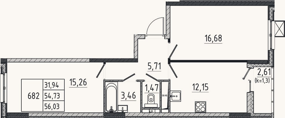 Планировка: 2-к, 54,7 м²