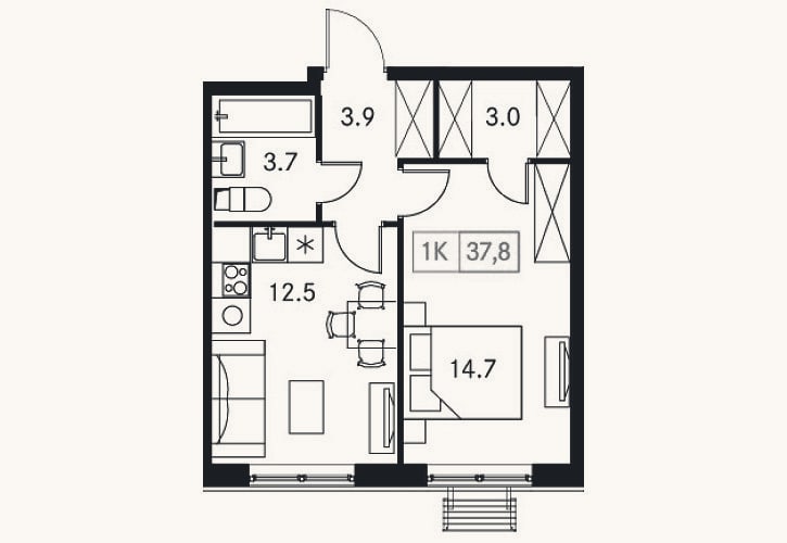 Планировка: 1-к, 37,8 м²